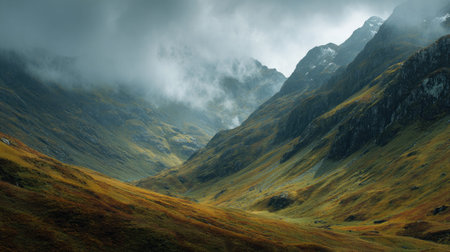 A photograph of Scottish highlands 109 with rugged highland ridge line, mist drifting through...