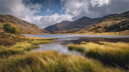 A photograph of Scottish highlands 243 with highland loch bay, highland grasses, fresh highland...