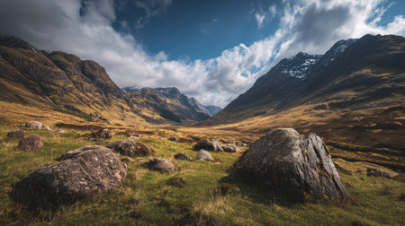 A photograph of Scottish highlands 133 with highland ridge overlooking valley, scattered glacial...