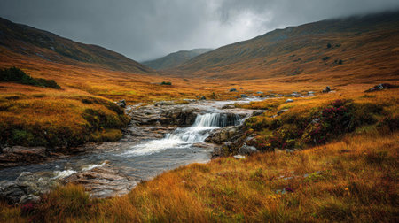 A photograph of Scottish highlands 137 with highland moorland hills, small highland waterfalls, colorful highland autumn, ultra realistic landscape photography, wide angle lens, natural colors, clean composition, no peopleの写真素材