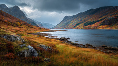 A photograph of Scottish highlands 310 with highland loch bay, rocky hill slopes, colorful highland...