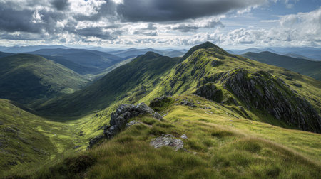 A photograph of Scottish highlands 361 with rugged highland ridge line, rough moorland grass, green...