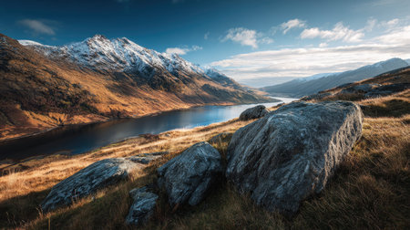 A photograph of Scottish highlands 2 with highland hillside overlooking loch, weathered mountain...