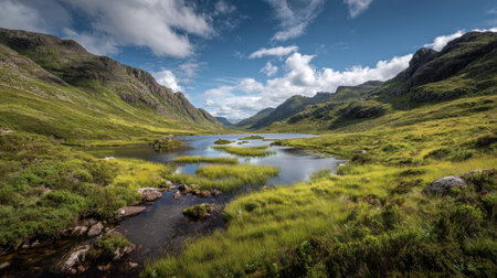 A photograph of Scottish highlands with highland hillside overlooking loch, peat bog pools, green...