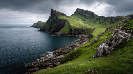 A photograph of Scottish highlands with highland coastal cliffs, rocky hill slopes, fresh highland...