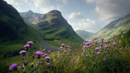 A photograph of Scottish highlands 428 with highland ridge overlooking valley, scottish thistle...