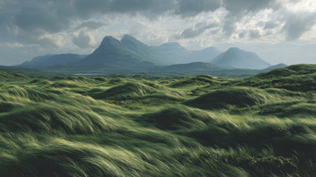 A photograph of Scottish highlands 469 with highland landscape with distant islands, wind shaped...