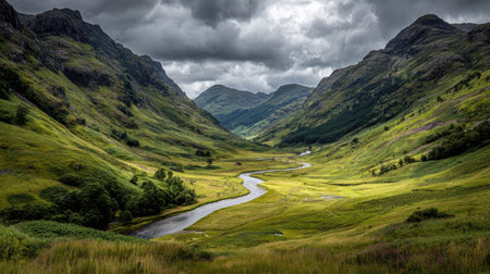 A photograph of Scottish highlands 188 with highland valley with winding river, wild meadow grasses,...
