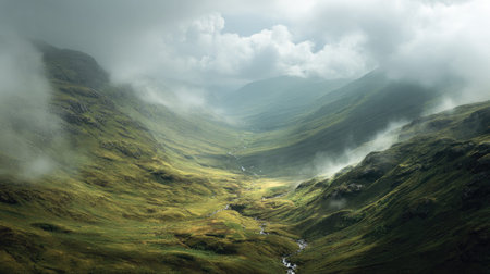 A photograph of Scottish highlands 9 with highland plateau landscape, mist drifting through valley,...
