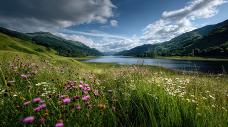 A photograph of Scottish highlands 457 with highland hillside overlooking loch, highland...