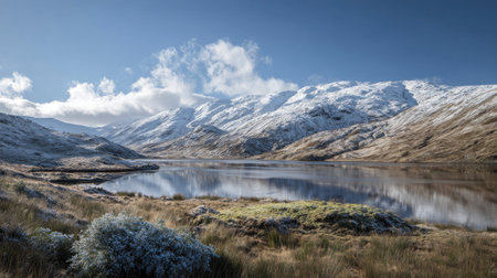 A photograph of Scottish highlands with highland loch surrounded by hills, wild berry shrubs, snowy...
