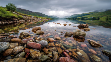A photograph of Scottish highlands 270 with highland hillside overlooking loch, loch shoreline...