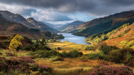 A photograph of Scottish highlands with highland valley viewpoint, lochside vegetation, colorful...