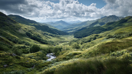 A photograph of Scottish highlands with highland valley basin, lochside vegetation, fresh highland...