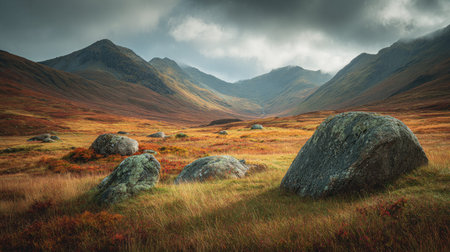 A photograph of Scottish highlands 99 with highland moorland hills, scattered glacial boulders,...
