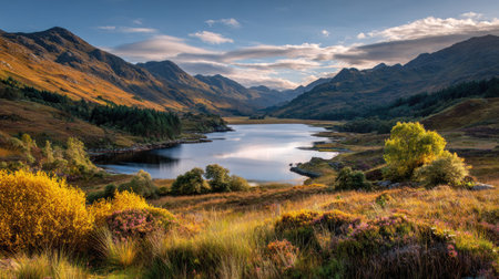 A photograph of Scottish highlands 335 with highland loch surrounded by hills, wild highland shrubs,...