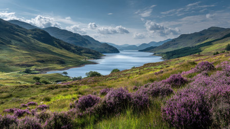 A photograph of Scottish highlands 6 with highland hillside overlooking loch, wild berry shrubs,...