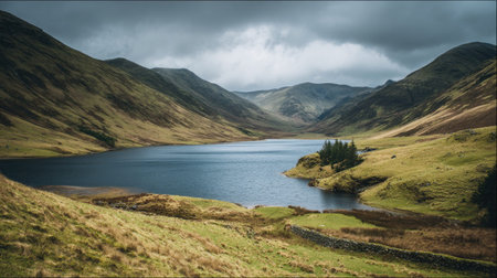 A photograph of Scottish highlands 82 with highland loch surrounded by hills, stone walls in...