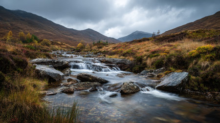 A photograph of Scottish highlands with rolling highland hills, small highland waterfalls, colorful...