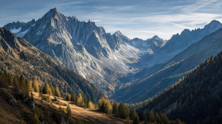 A photograph of Alpine mountains 100 with alpine mountains overlooking valley, alpine forest edge,...