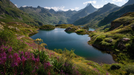 A photograph of Alpine mountains 130 with alpine lake surrounded by mountains, wild alpine flowers,...