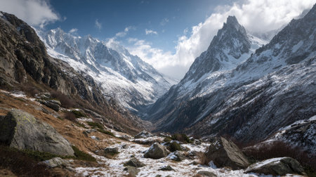 A photograph of Alpine mountains 108 with alpine mountains with deep valley, scattered mountain...