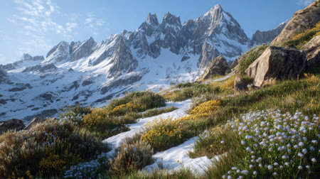 A photograph of Alpine mountains 111 with snow capped alpine peaks, edelweiss flowers, snowy alpine...