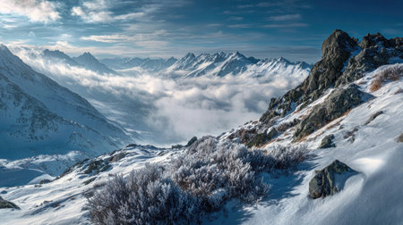 A photograph of Alpine mountains 269 with alpine ridge above clouds, wild alpine shrubs, snowy...