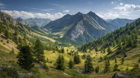 A photograph of Alpine mountains 152 with alpine mountains overlooking valley, scattered conifer...