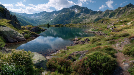 A photograph of Alpine mountains 24 with alpine lake shoreline, wild alpine shrubs, green alpine...