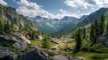 A photograph of Alpine mountains with alpine valley with distant peaks, scattered conifer trees,...