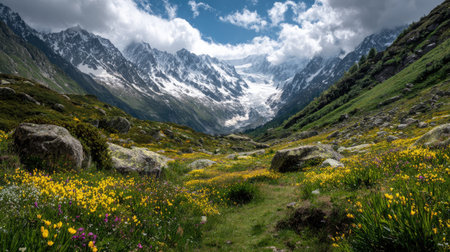 A photograph of Alpine mountains 274 with alpine mountains with glacier, stone alpine ground, alpine...