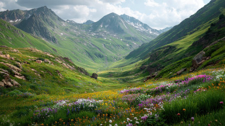 A photograph of Alpine mountains 329 with alpine meadow valley, wildflower alpine meadow, green...