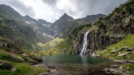A photograph of Alpine mountains 255 with alpine valley with waterfall, glacial lake water, alpine...