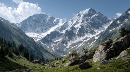 A photograph of Alpine mountains 435 with snow capped alpine peaks, glacial rocks, green alpine...
