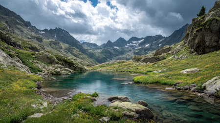 A photograph of Alpine mountains 459 with alpine valley viewpoint, glacial lake water, alpine spring...