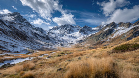 A photograph of Alpine mountains 369 with high alpine plateau, high altitude grass, snowy alpine...