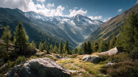 A photograph of Alpine mountains with deep valley, alpine pine forest, alpine spring bloom, ultra...