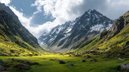 A photograph of Alpine mountains 389 with alpine glacier valley, alpine valley grassland, alpine...