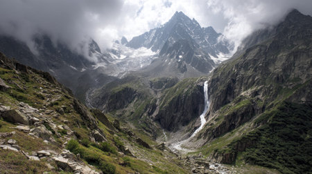 A photograph of Alpine mountains 42 with alpine valley with waterfall, rocky mountain slopes, snowy...