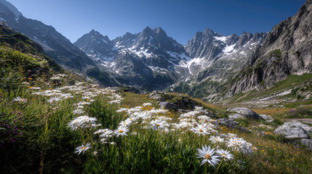 A photograph of Alpine mountains 78 with alpine mountains with rocky peaks, edelweiss flowers, snowy...