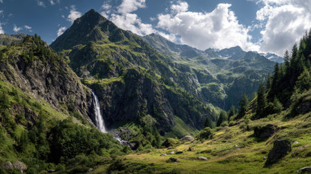A photograph of Alpine mountains with alpine valley with waterfall, alpine hillside meadows, green...