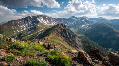 A photograph of Alpine mountains 296 with alpine ridge overlooking valley, alpine tundra plants,...