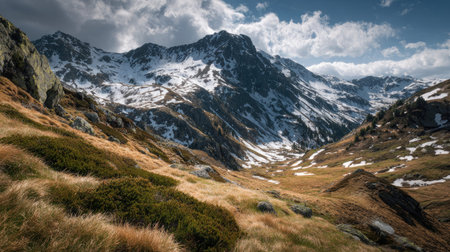 A photograph of Alpine mountains 184 with alpine mountain basin, alpine wild herbs, snowy alpine...