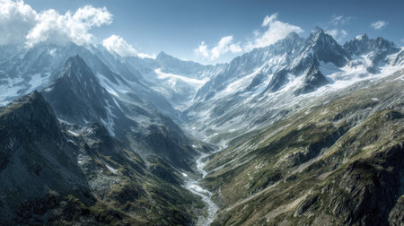 A photograph of Alpine mountains 134 with alpine mountains with deep valley, clear mountain streams,...