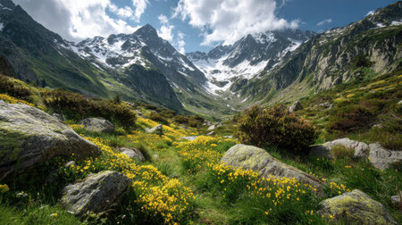 A photograph of Alpine mountains with alpine glacier valley, alpine moss, alpine spring bloom, ultra...
