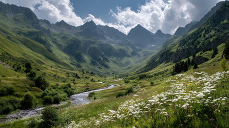 A photograph of Alpine mountains with alpine valley with winding river, edelweiss flowers, green...