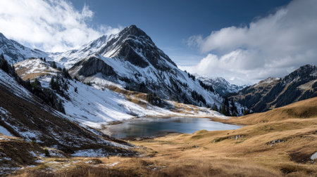 A photograph of Alpine mountains 271 with alpine mountains surrounding lake, alpine valley...