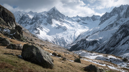 A photograph of Alpine mountains with alpine valley, scattered mountain boulders, snowy alpine...