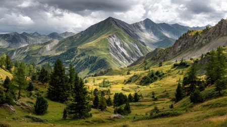 A photograph of Alpine mountains 341 with alpine mountain slopes, pine covered hillsides, green...